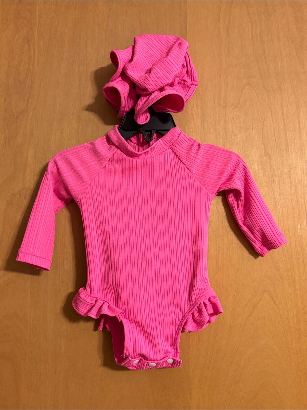 Amazon Hot Pink Ribbed Long-Sleeve Girls One-Piece Swimsuit with Cap